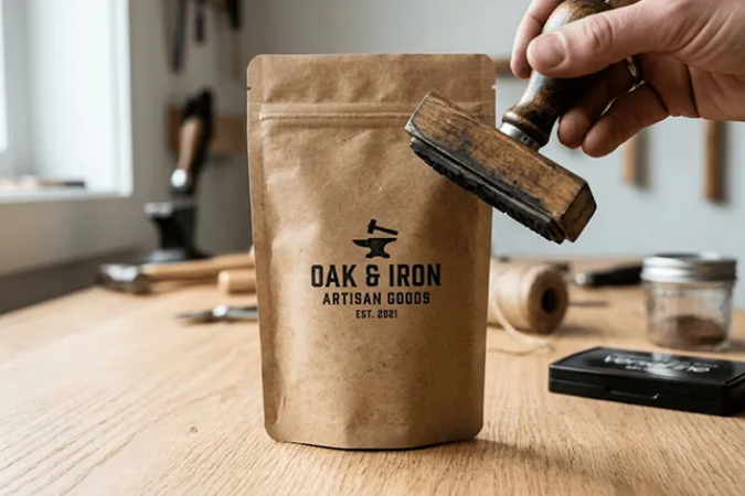 Stamp on a kraft paper stand-up pouch Stamp on a kraft paper stand-up pouch