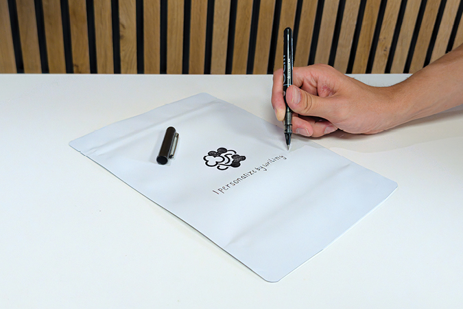 Hand-writing on a stand-up pouch Hand-writing on a stand-up pouch