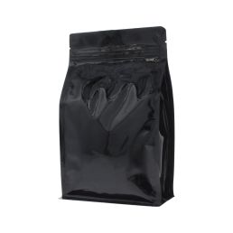 Flat bottom coffee pouch with zipper - shiny black - 250 gr (140x210+{35+35} mm) 