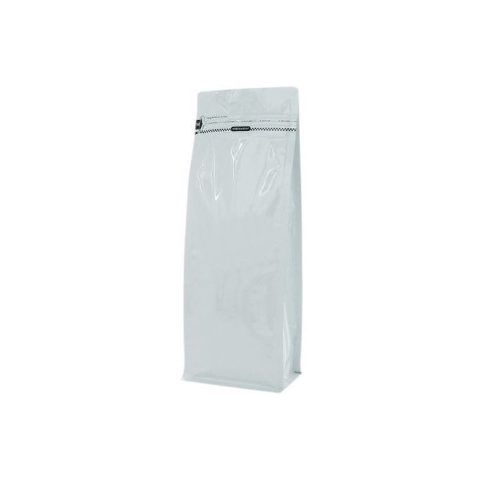 Flat bottom pouch with front zipper - shiny white - 110x300+{40+40} mm (1,25-1,4 ltrl)