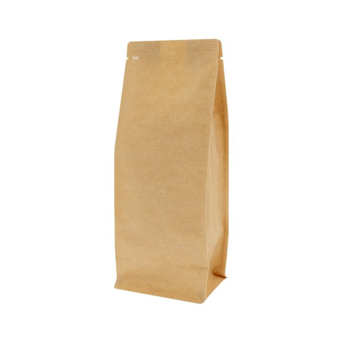 Brown recyclable kraft look flat bottom coffee pouch with valve and tear notch.