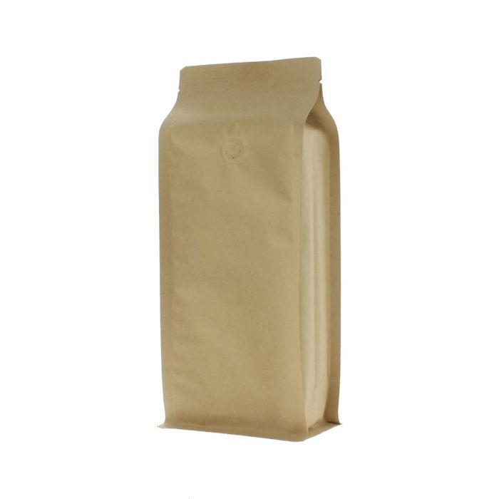 Brown kraft paper flat bottom coffee pouch with valve.