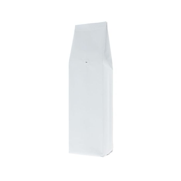 Matte white side-gusset coffee pouch with valve.