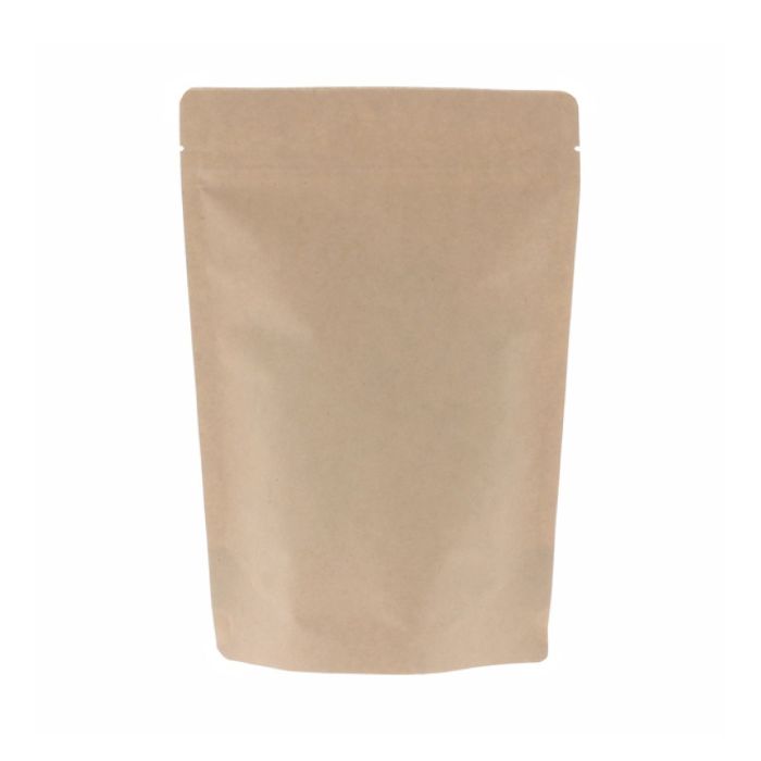 Brown kraft paper doypack pouch with tear notch and zip closure.