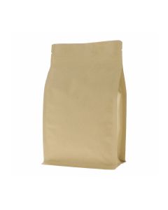 Brown kraft paper flat bottom pouch with tear notch and zip closure.