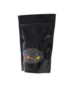 Stand-up pouch with oval window - shiny black - 190x265+{55+55} mm (1,3-1,4lt)