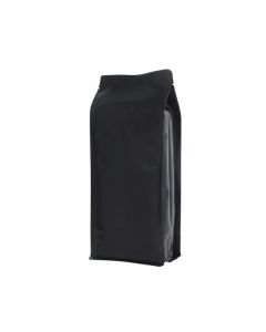 Matte black flat bottom coffee pouch with valve and tear notch.