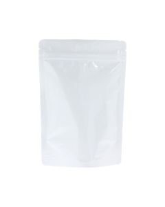 Shiny white stand-up pouch with tear notch and zip closure.
