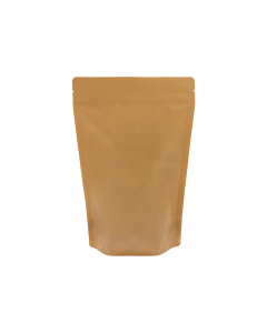 Brown recyclable kraft look doypack with tear notch and zip closure.