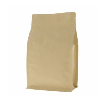 Brown kraft paper flat bottom pouch with tear notch and zip closure.