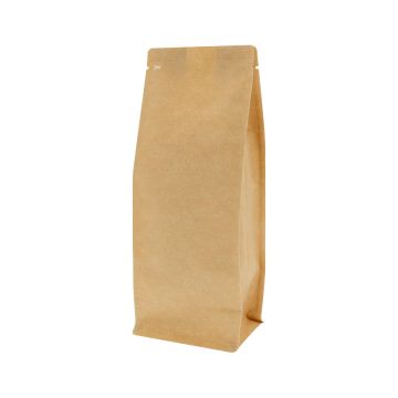 Brown recyclable kraft look flat bottom coffee pouch with valve and tear notch.