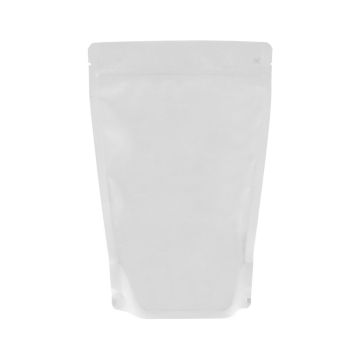 Matte white recyclable doypack with tear notch and zip closure.