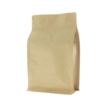 Brown kraft paper flat bottom coffee pouch with valve, tear notch and zip closure.