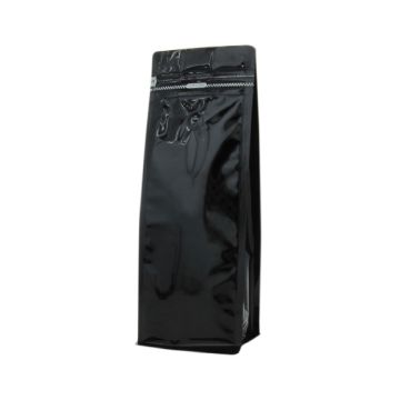 Flat Bottom Pouch shiny black with valve and front zipper