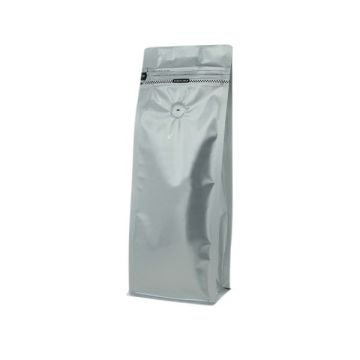 Flat Bottom Pouch silver with valve and front zipper