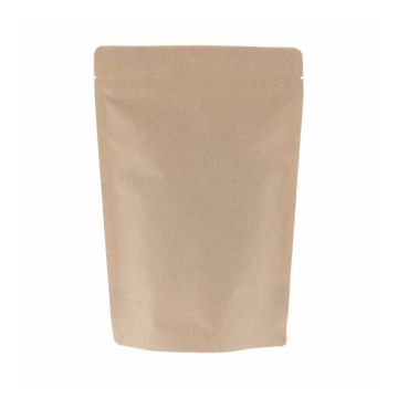 Brown kraft paper doypack pouch with tear notch and zip closure.