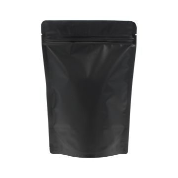 Matte black doypack with tear notch and zip closure.