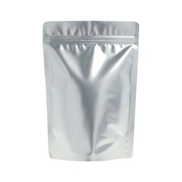 Matte silver doypack with tear notch and zip closure.