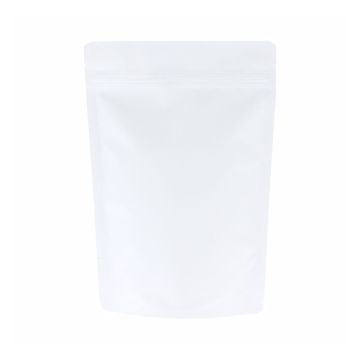 Matte white doypack with tear notch and zip closure.