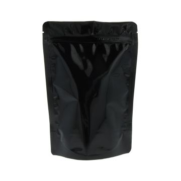 Shiny black doypack with tear notch and zip closure.