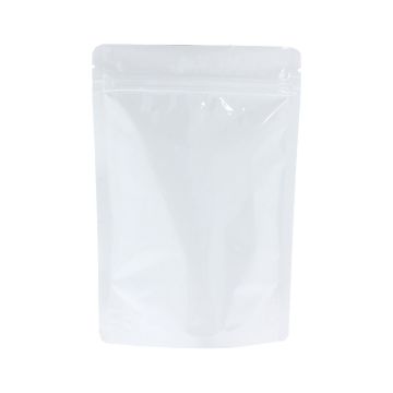 Shiny white stand-up pouch with tear notch and zip closure.