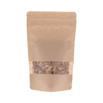 Brown kraft paper doypack with window, tear notch and zip closure.
