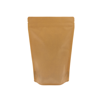 Brown recyclable kraft look doypack with tear notch and zip closure.