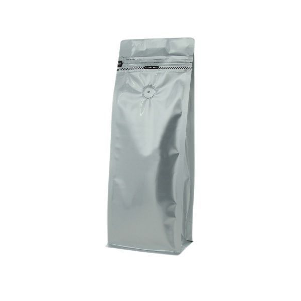 Flat bottom coffee pouch with front zipper - matt silver - 500 gr (110x300+{40+40} mm)