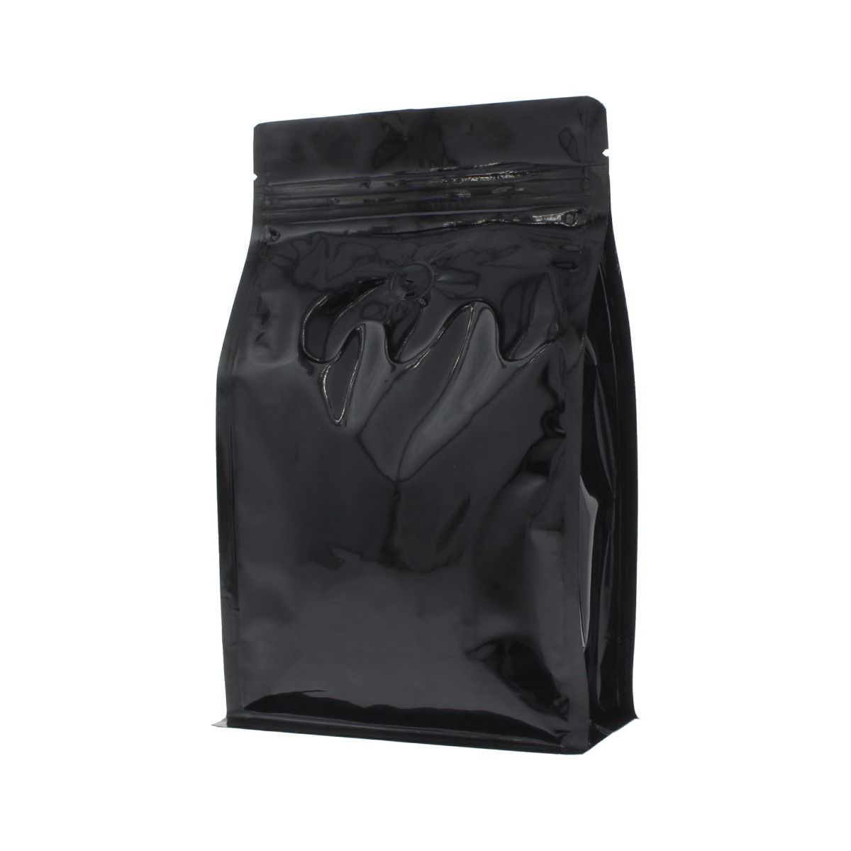 Flat bottom coffee pouch with zipper - shiny black - 250 gr (140x210+{35+35} mm)
