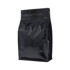 Flat bottom coffee pouch with zipper - shiny black - 250 gr (140x210+{35+35} mm)